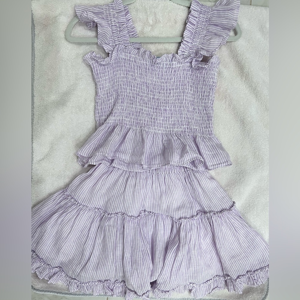 Hillhouse Linen Paz shirt and skirt set in lavender stripe